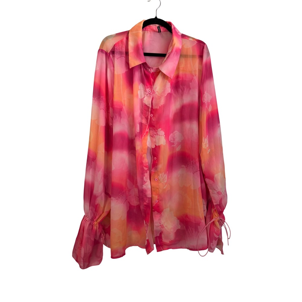 PrettyLittleThing Pink Floral Sheer Chiffon Boho Button Up Blouse Tie Cuff Sz 24